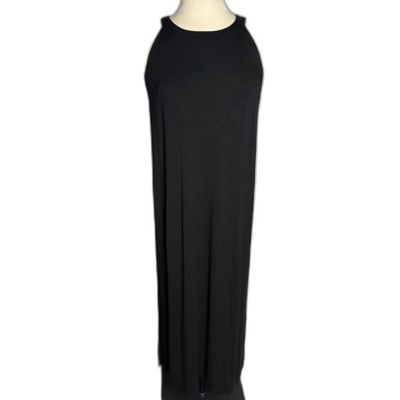 J. Jill Halter Neck Sleeveless Maxi Dress Size L Black 2 Pockets 2 Side Slits - Picture 1 of 12